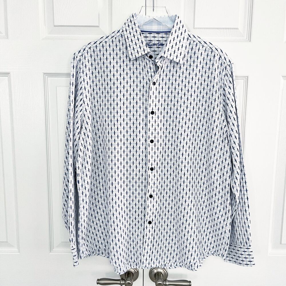 Tasso Elba Men’s XL Button Down Shirt Blue White Geometric Pattern Cotton